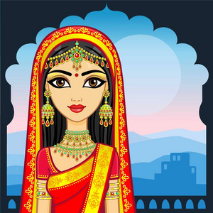 亚洲美女。动画肖像的年轻的印度女孩在传统的衣服。童话公主。背景宫殿, 夜山风景。文本的位置。矢量插图