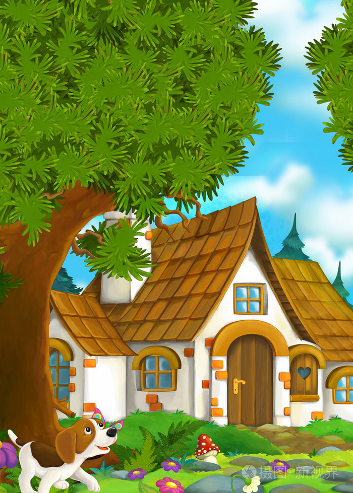 森林里的老房子的卡通背景