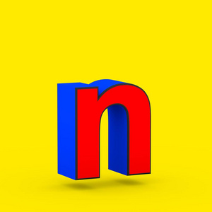 超级英雄字母 N 小写。3d 渲染在黄色背景下被隔离的样式化复古红色和蓝色字体