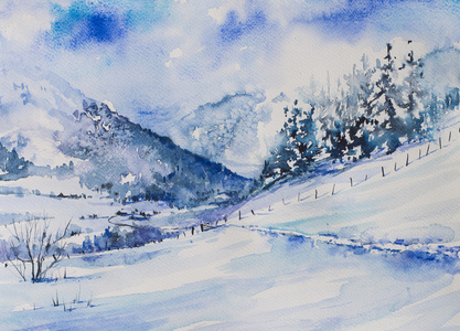 冬天的水彩画画照片