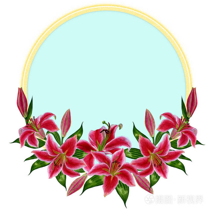 水彩画风格的百合花花环.背景,纹理,包装图案,框架或边框的水彩花.