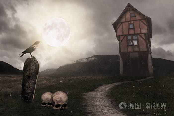 天启万圣节风光与老房子, 南瓜, 坟墓, 乌鸦和月亮