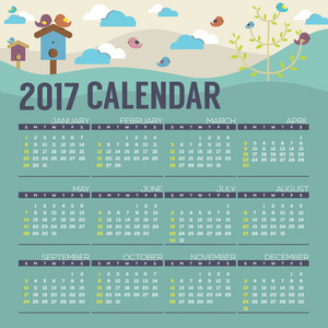 可爱的小鸟 2017年打印日历开始周日矢量图
