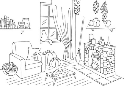 女巫起居室图形黑色白色家庭内部素描插画矢量照片