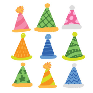 国内和其他同义词气球,帽子和方生日快乐庆祝卡与帽子方可爱的卡通