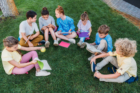 高视角的一群可爱的小学生坐在草地上的书籍和设备