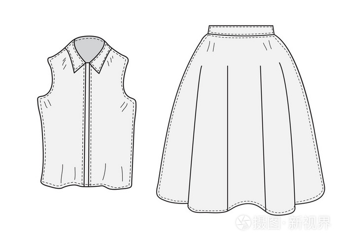 裙子和衬衫设置素描复古风格衣服手绘