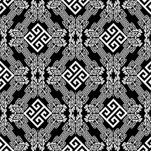 黑白菱形黑白几何部落希腊矢量无缝图案.民族风格的观赏抽象背景.