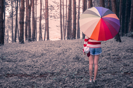 雨落在公园里的女人捧着五颜六色的雨伞