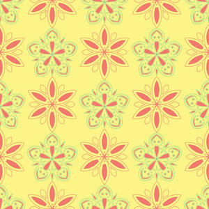 花卉无缝图案。明亮的彩色背景与粉红色和绿色花卉元素的墙纸, 纺织品和织物