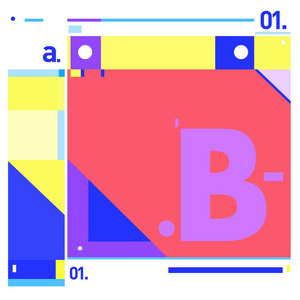 矢量字母 B 孟菲斯风格几何颜色轮廓字体。图形装饰类型。海报设计模板