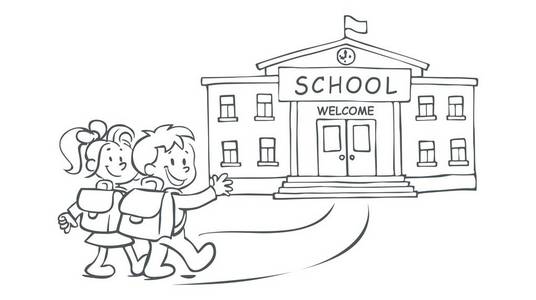 时钟的一部分欢迎回到学校-有趣的男孩和女孩与书包去学校照片