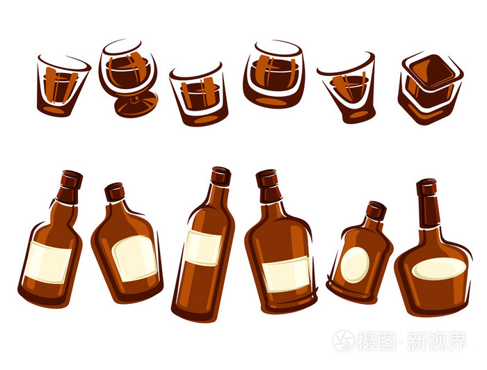 威士忌酒的酒瓶和酒杯套。矢量