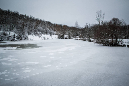 冬天的风景, 雪中的冰冻湖泊。冰冻自然