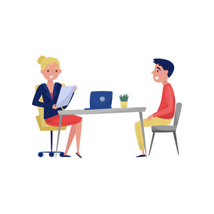 年轻人在工作面试与 hr 专家, 求职和雇主坐在桌和谈话向量例证在白色