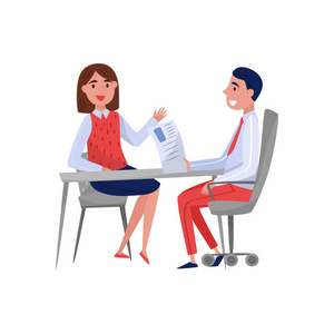 求职和雇主的工作面试坐在桌子上, 谈论矢量插图白色背景照片