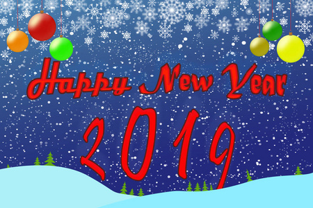 新年祝福模板 2019, 蓝色背景与圣诞节五颜六色的球和雪花