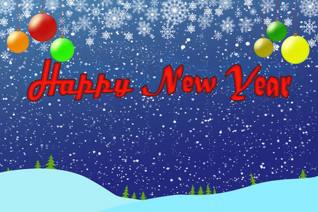 新年祝福模板, 蓝色背景与彩色圣诞球和雪花
