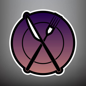 叉子, 刀和车牌符号。向量。紫色渐变图标与 bl