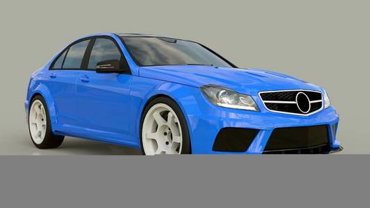 蓝色超级快跑车的灰色背景。车身形状轿车。调整是一个普通的家庭汽车的版本。3d 渲染
