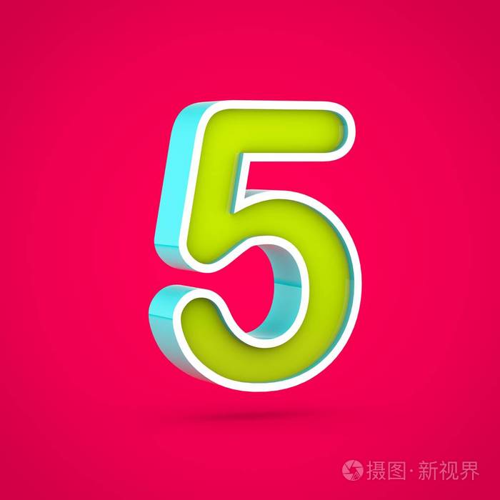 多汁的数字5。3d 彩色石灰和蓝色字体在热粉色背景下的渲染