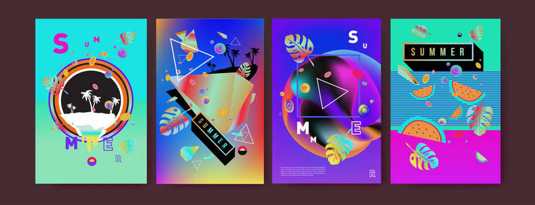 五颜六色的夏日海报集。热带夏季设计模板和封面。夏季插图元素和背景