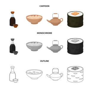 酱油, 面条, kettle.rolls.Sushi 集合图标在卡通, 轮廓, 单色风格矢量符号股票插画网站