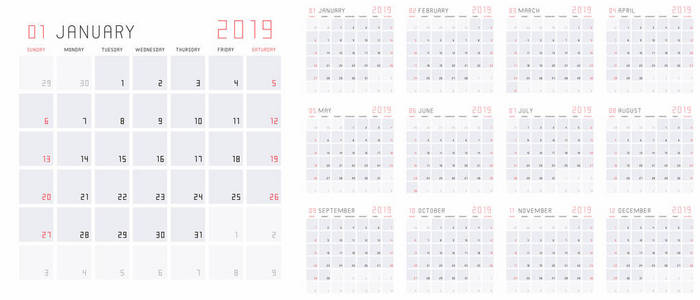 规划日历模板2019集12月1月December日。在白色背景上被隔离