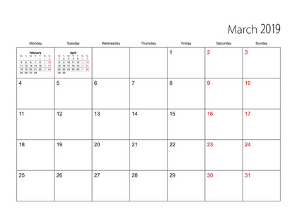 2019年3月简单的日程表计划者, 星期从星期一开始