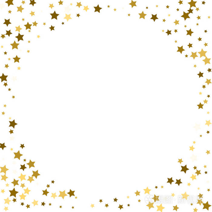 圆的黄金框架或边框的白色背景上的随机散射金色星星.