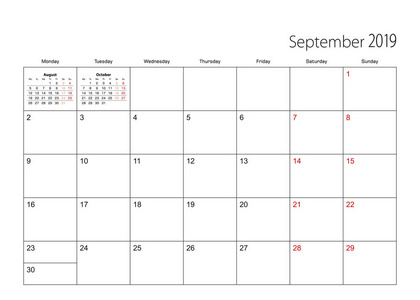 2019年9月简单的日程表计划者, 星期从星期一开始