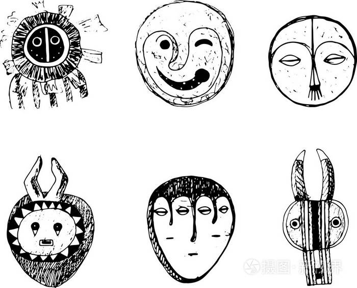 非洲面具设置.素描涂鸦图形艺术.孤立元素集合.矢量插图