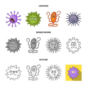 不同类型的微生物和病毒。病毒和细菌集合图标在卡通, 轮廓, 单色风格矢量符号股票插画网站