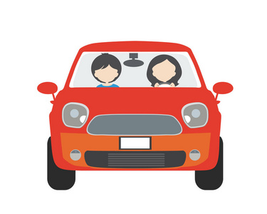两个人, 男人和女人, 坐在车上, 开车去度假。可用于驾驶学校或的士矢量, 平面设计