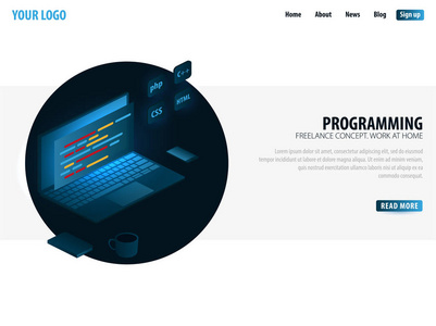等距开发编程和编码技术。可用于 web 横幅或图表。自由职业者的概念。在家工作