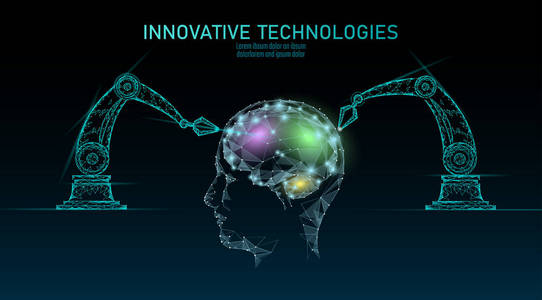 低聚机器人 android 脑机学习。创新技术人工智能人类机器人智能数据。虚拟现实数字危险预警多边形业务技术概念