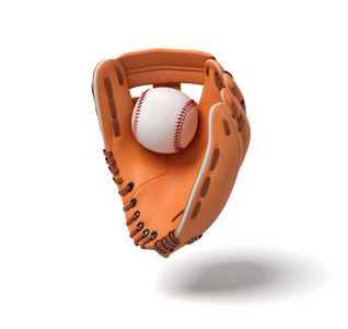 3d 渲染一个新的橙色棒球手套挂在白色的背景, 里面有一个白色的球