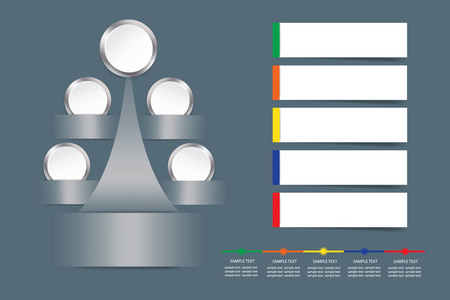 图表向量作为金属树与空白白色圈子显示过程的步骤。可以对文本使用时间线和空白矩形。所有在黑暗背景与光在媒介中间