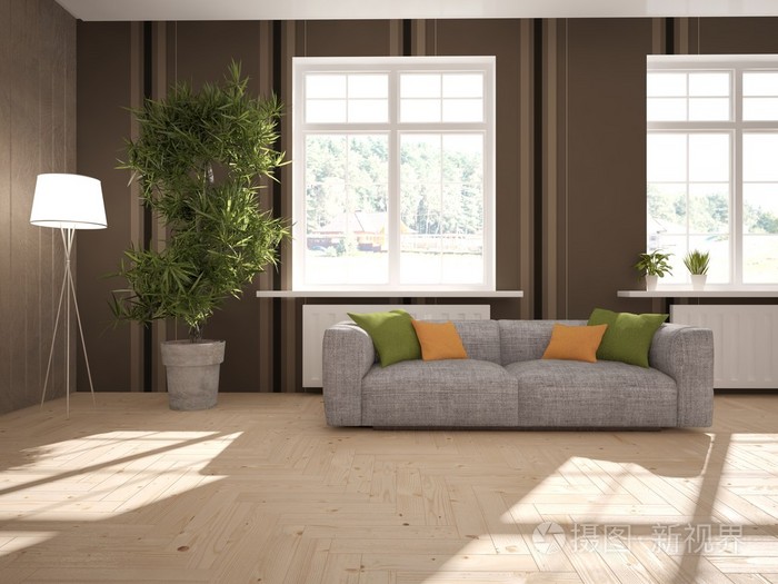 白色的室内设计与现代沙发。斯堪的纳维亚风格。3d 图