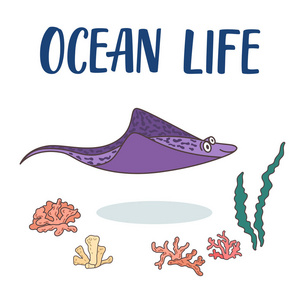 刺魟卡通插图与珊瑚和海藻周围
