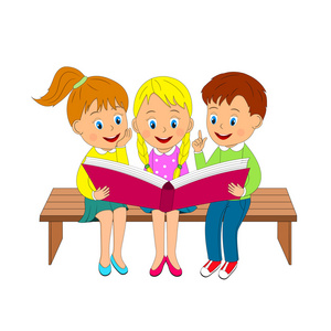 男孩和女孩坐在板凳上的读的书