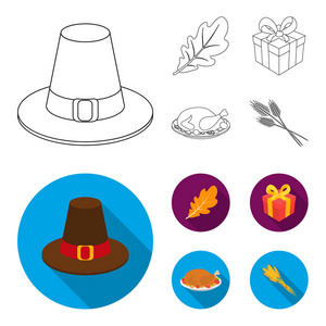 一个朝圣者的帽子, 橡树叶, 礼物在一个盒子里, 炸火鸡。加拿大感恩节集图标在大纲, 平面式矢量符号股票插画网站