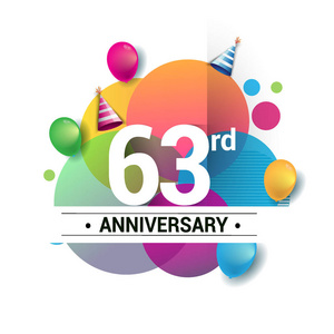 63年周年纪念标志, 矢量设计生日庆祝与五颜六色的几何, 圈子和气球在白色背景被隔绝了