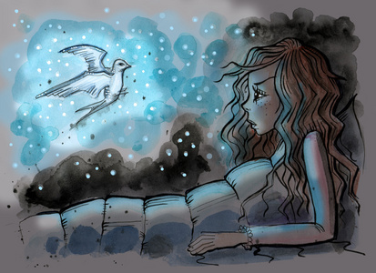 女孩在她床上与神奇燕子旁边的水彩插图