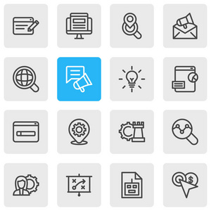 矢量插图16营销图标线样式。可编辑的社会媒体活动集营销策略本地搜索和其他图标元素