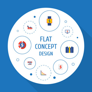 一套金融图标平面样式符号与现金, 图表, 报告和其他图标为您的 web 移动应用程序徽标设计