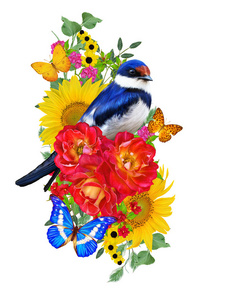 蓝鸟坐在一枝鲜红的花朵上, 黄色的向日葵, 绿叶, 美丽的蝴蝶。在白色背景下被隔离。花卉组合