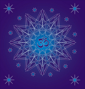 镂空白色曼荼罗与在蓝色背景上的真理Om欧姆标志。优美的几何图案。精神象征。矢量图片图形