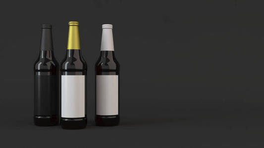 模拟三高棕色啤酒瓶 0.5l, 黑色背景黑色和白色标签空白。设计或品牌模板。3d 渲染插图