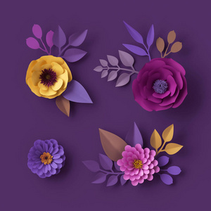 3d 渲染, 彩色纸花, 独立剪贴画, 时装壁纸, 玫瑰, 大丽花, 牡丹, 紫色黄粉红色, 在紫罗兰背景上的植物元素, 装饰 